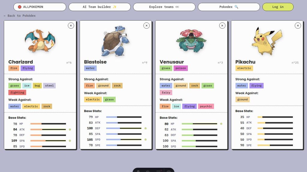 Compare Pokémon page showing four side-by-side cards